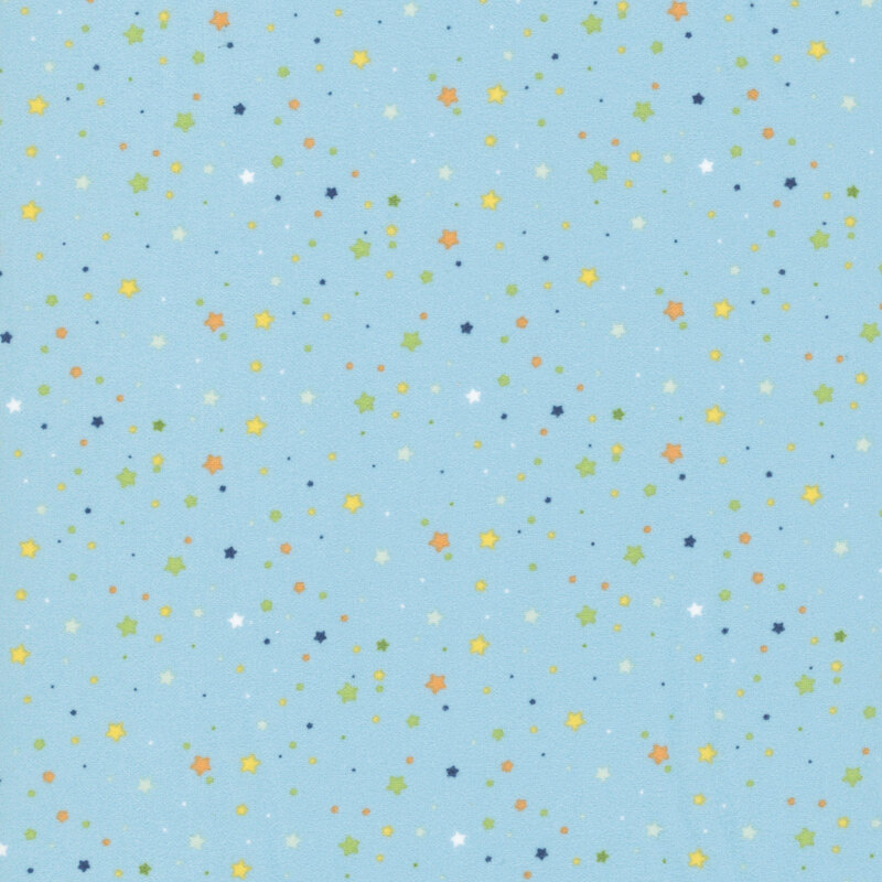 Sky blue fabric with a delicate pattern of small multicolor stars