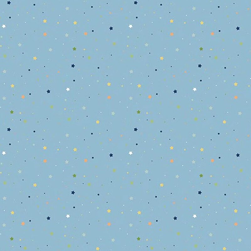 Sky blue fabric with a delicate pattern of small multicolor stars