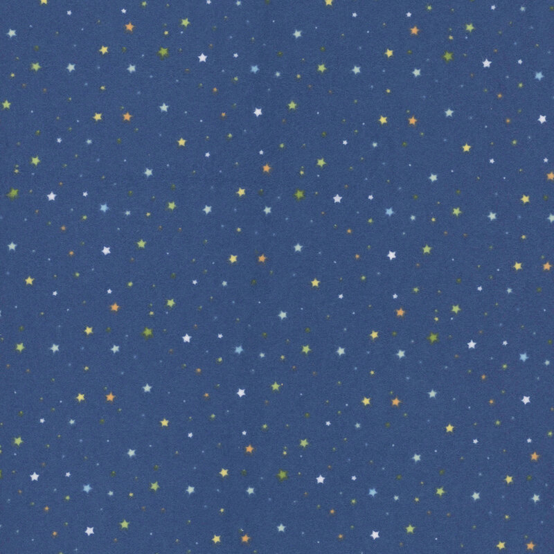 Navy blue fabric with a delicate pattern of small white, yellow, and orange stars