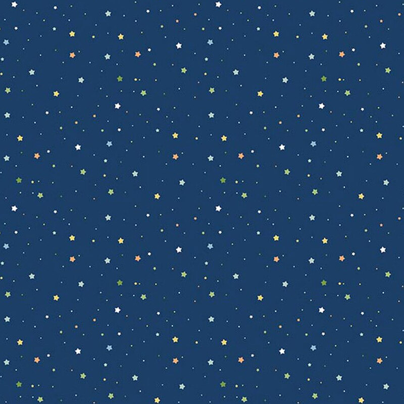Navy blue fabric with a delicate pattern of small white, yellow, and orange stars