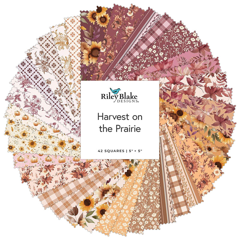 Circular collage of fabrics in the collection in dusty mauve, goldenrod, chestnut, and cream, with sunflowers, pumpkins, gingham, stripes, and other vintage designs.