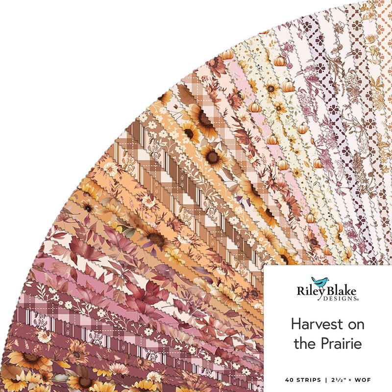 Fanned out collage of fabrics in the collection in dusty mauve, goldenrod, chestnut, and cream, with sunflowers, pumpkins, gingham, stripes, and other vintage designs.