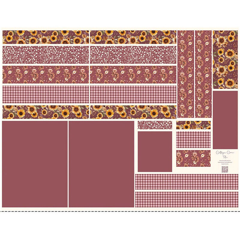 Project panel with mulberry purple and sunflower printed sections with instructions to create a tote bag