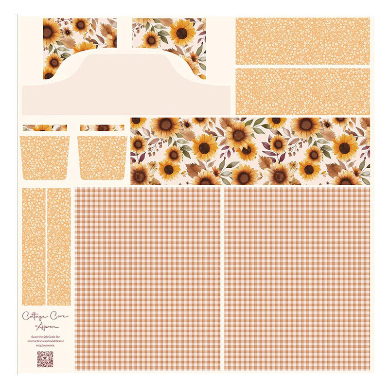 Cream project panel with gold gingham and yellow sunflower sections along with a QR code for instructions on how to create a custom apron
