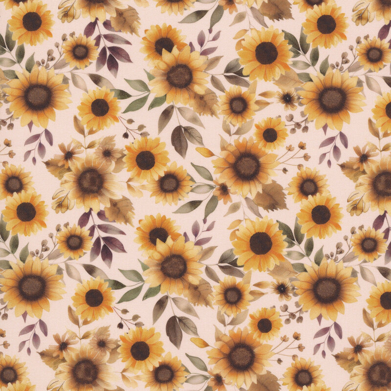 Latte cream fabric with a pattern of golden watercolor sunflowers and earth toned leaves