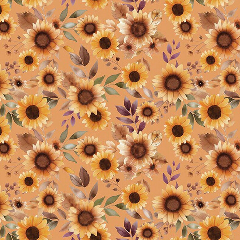 Muted orange fabric with a pattern of golden watercolor sunflowers and earth toned leaves