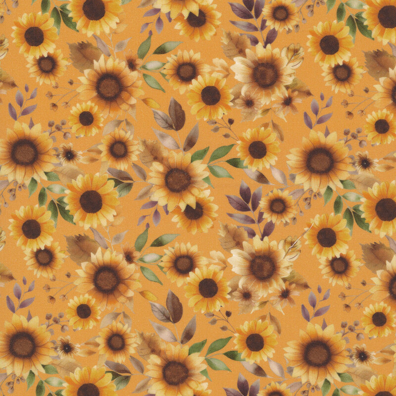 Muted orange fabric with a pattern of golden watercolor sunflowers and earth toned leaves