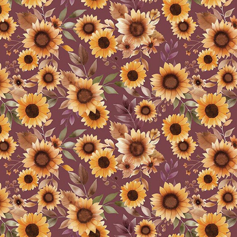 Dusty dark mauve fabric with a pattern of golden watercolor sunflowers and earth toned leaves