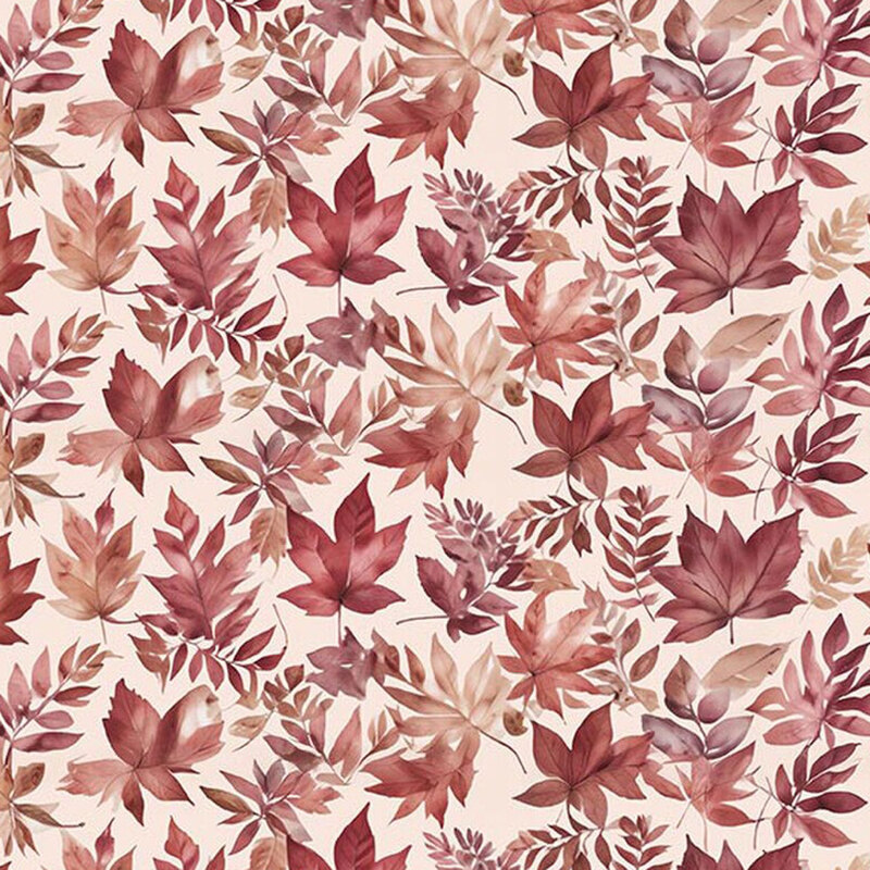 Latte tan fabric with a watercolor pattern of burgundy and tan leaves 