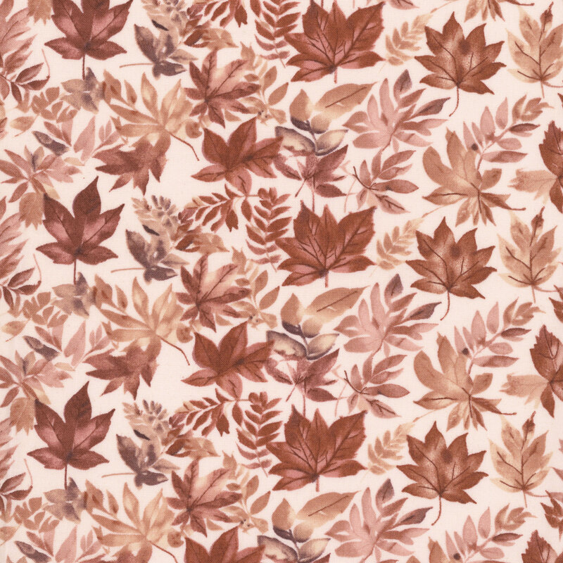 Latte tan fabric with a watercolor pattern of burgundy and tan leaves 