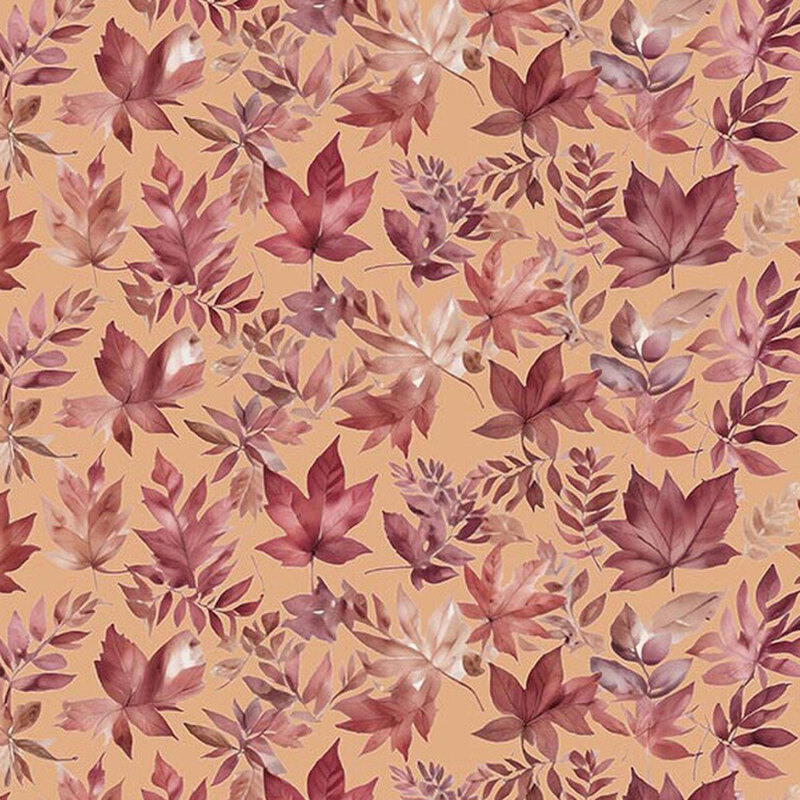 Muted auburn fabric with a watercolor pattern of burgundy and mulberry leaves 