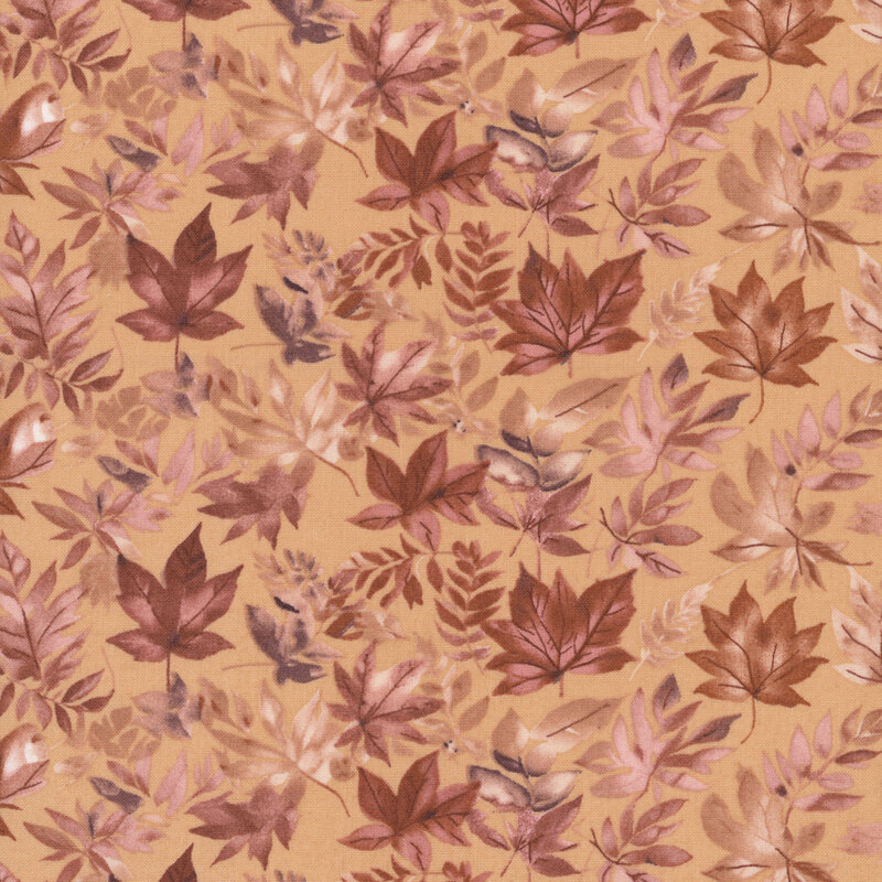 Muted auburn fabric with a watercolor pattern of burgundy and mulberry leaves 