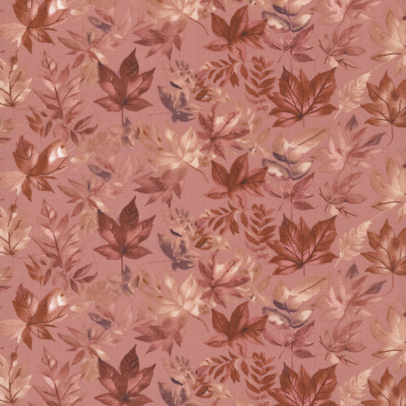Dusty rose fabric with a watercolor pattern of burgundy and taupe leaves 