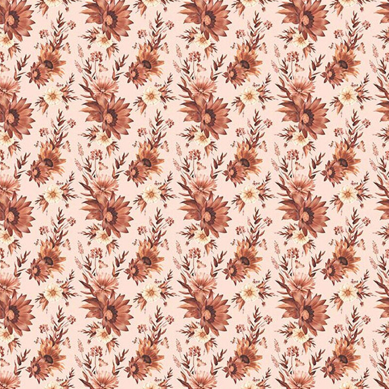 A pattern of clustered orange-brown and cream florals on a latte cream fabric