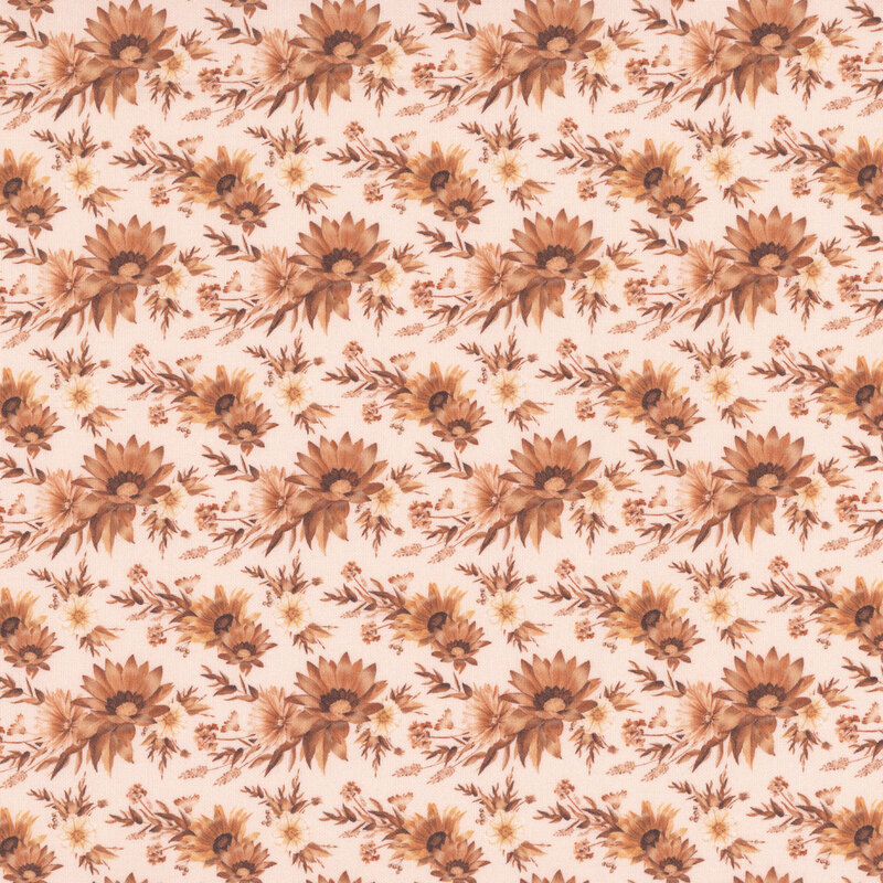 A pattern of clustered orange-brown and cream florals on a latte cream fabric