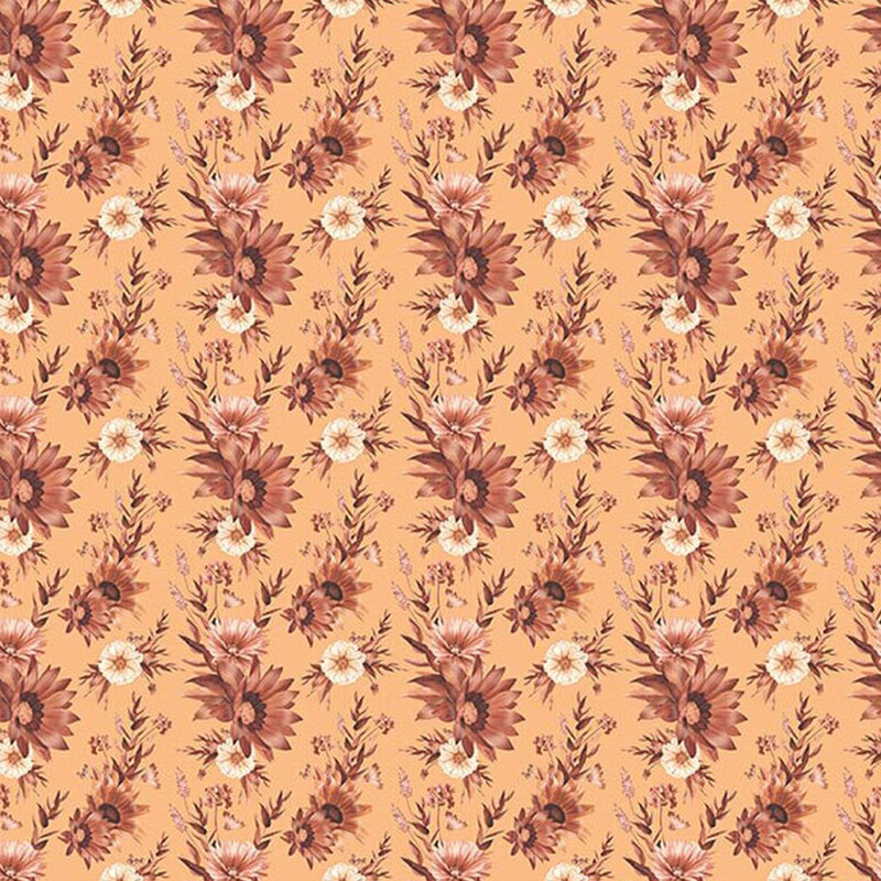 A pattern of clustered orange-brown and cream florals on a muted orange fabric