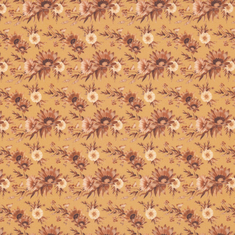 A pattern of clustered orange-brown and cream florals on a muted orange fabric