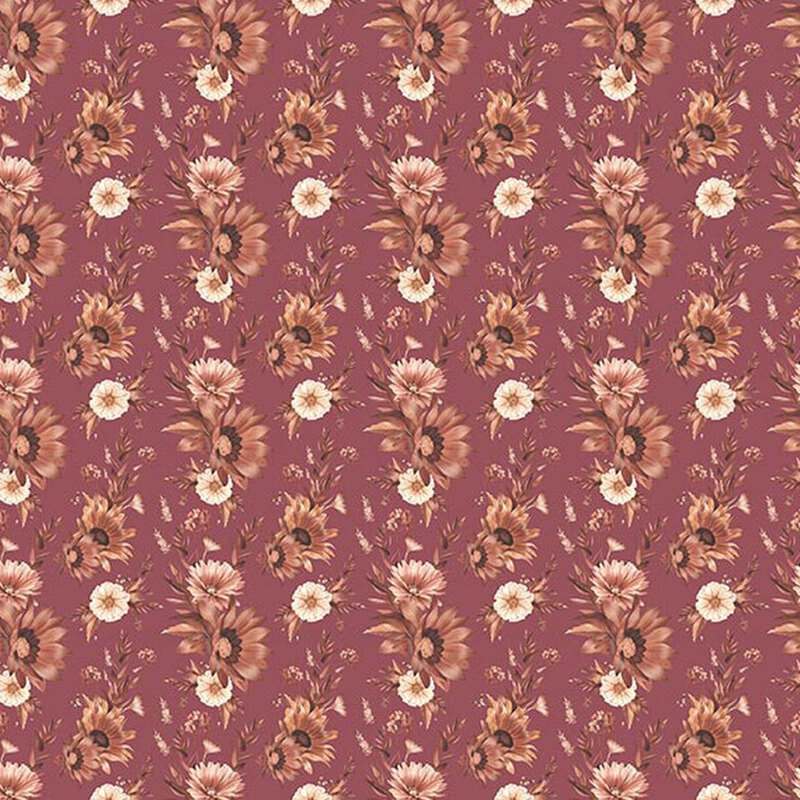 A pattern of clustered orange-brown and cream florals on a muted mulberry fabric
