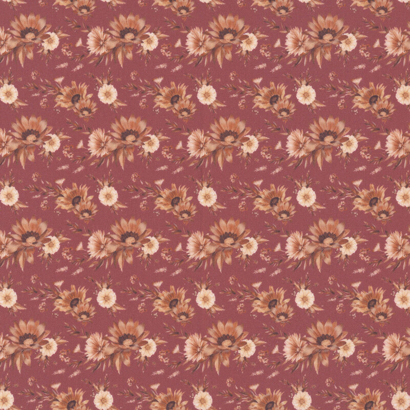 A pattern of clustered orange-brown and cream florals on a muted mulberry fabric
