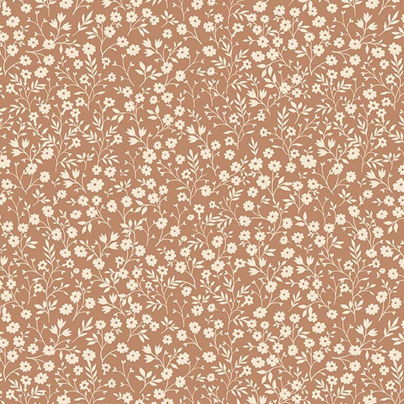 Maple brown fabric with a dense pattern of cream flowers and stems