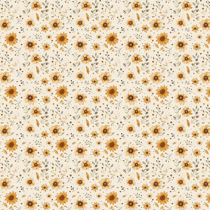 Cream fabric with a small pattern of scattered watercolor sunflowers and sprigs