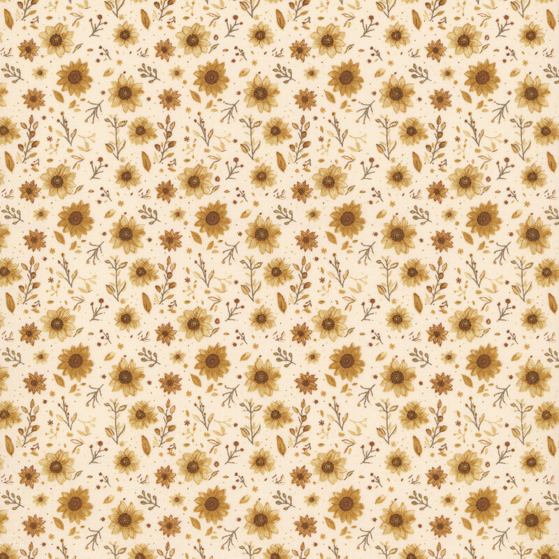 Cream fabric with a small pattern of scattered watercolor sunflowers and sprigs
