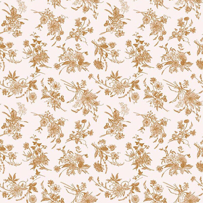 Latte cream fabric with a tossed pattern of clustered nut brown wildflower bouquets