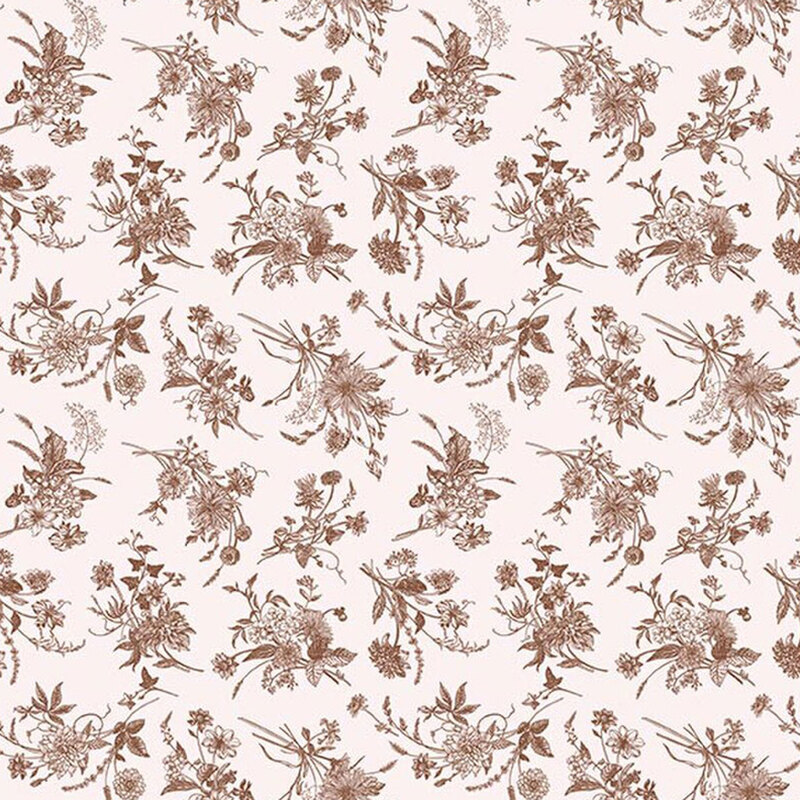 Latte cream fabric with a tossed pattern of clustered mahogany brown wildflower bouquets