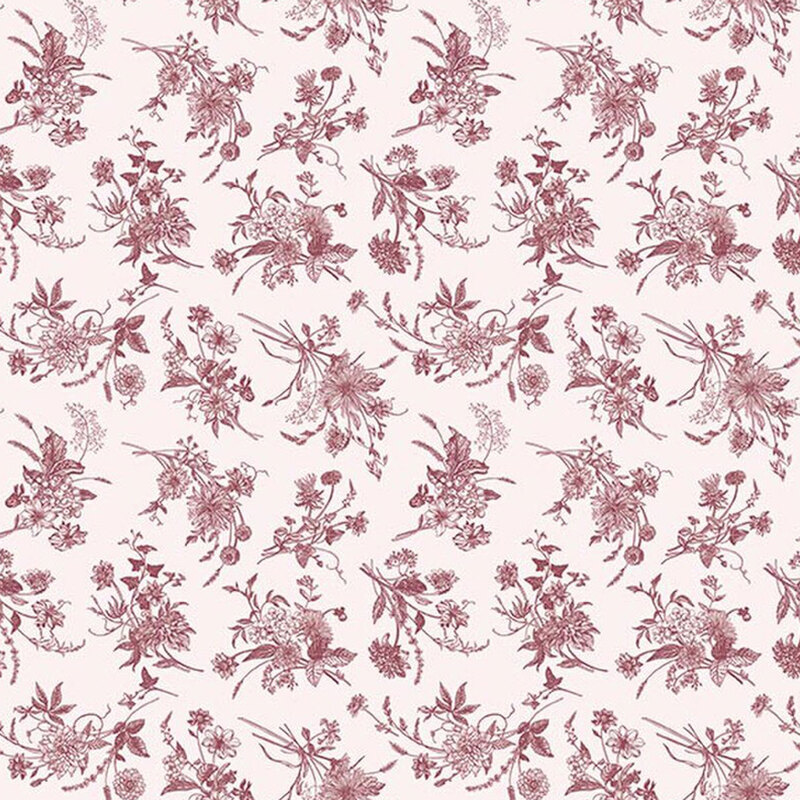 Latte cream with a tossed pattern of clustered marsala wildflower bouquets