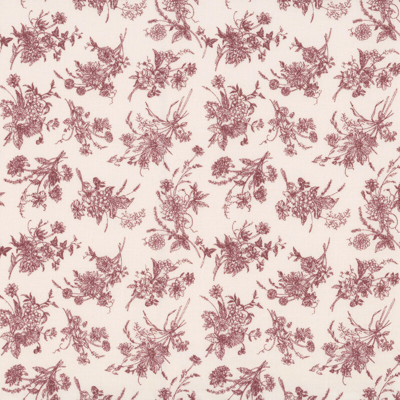 Latte cream with a tossed pattern of clustered marsala wildflower bouquets