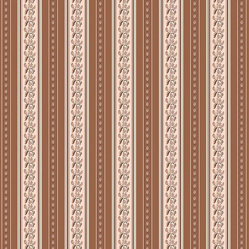 Chestnut brown fabric featuring latte colored vertical stripes with decorative leaf motifs
