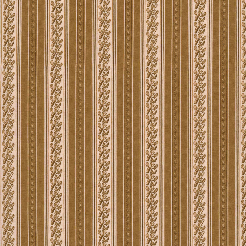 Chestnut brown fabric featuring latte colored vertical stripes with decorative leaf motifs