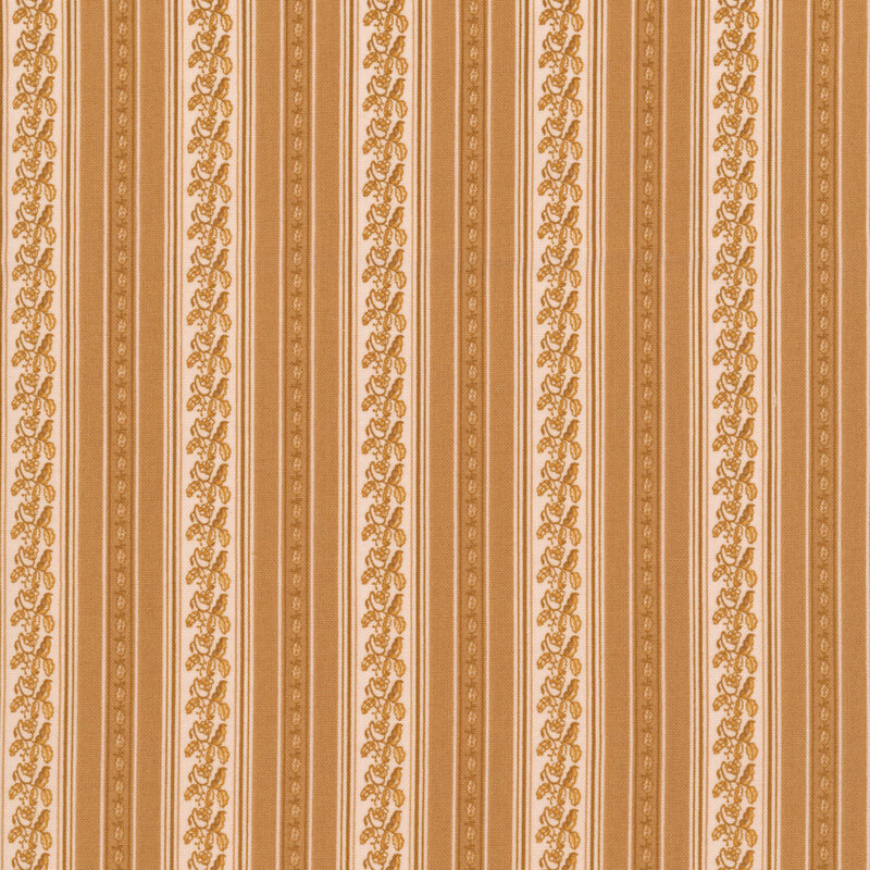 Suede fabric featuring latte colored vertical stripes with decorative leaf motifs