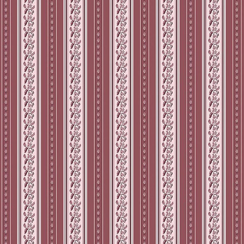 Dark cherry fabric featuring cream colored vertical stripes with decorative leaf motifs