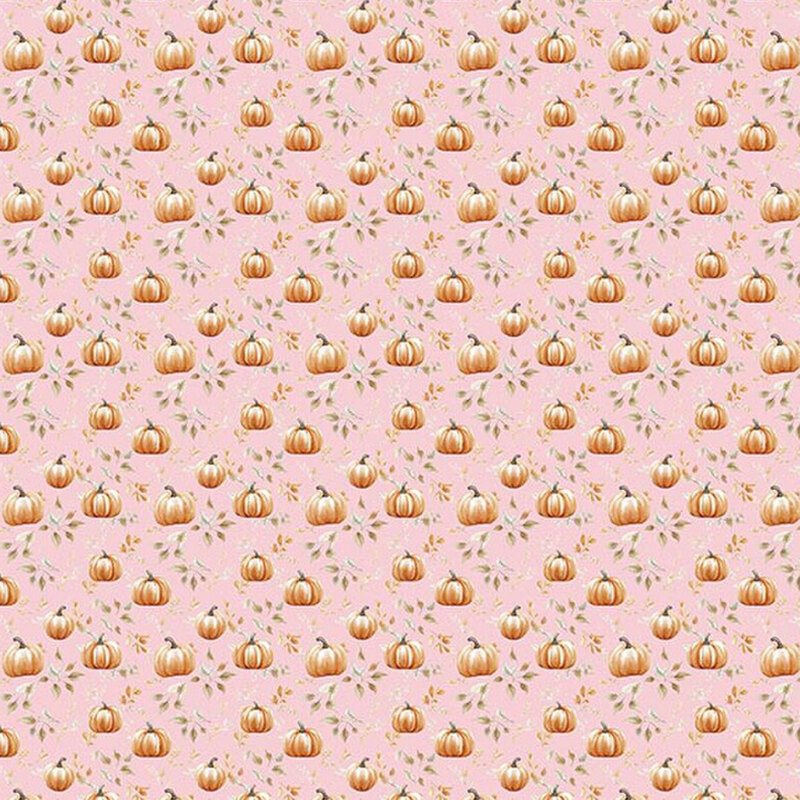Light rose fabric with a pattern of small orange pumpkins and leaves