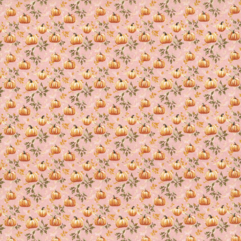 Light rose fabric with a pattern of small orange pumpkins and leaves