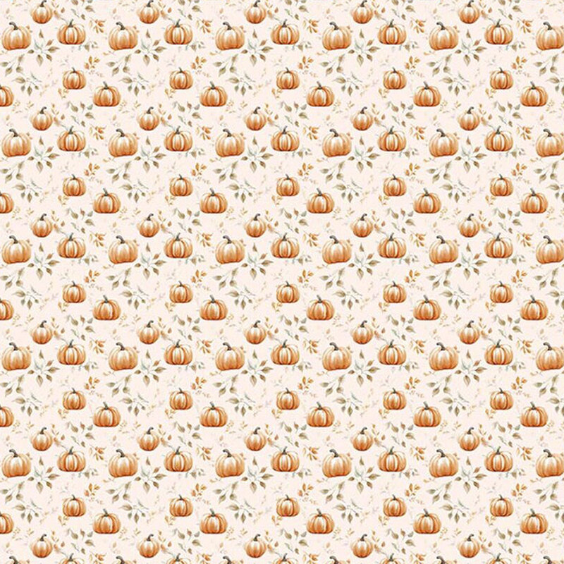 Cream fabric with a pattern of small orange pumpkins and leaves