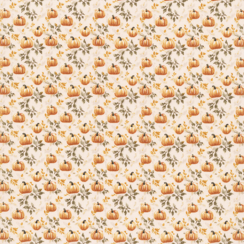 Cream fabric with a pattern of small orange pumpkins and leaves