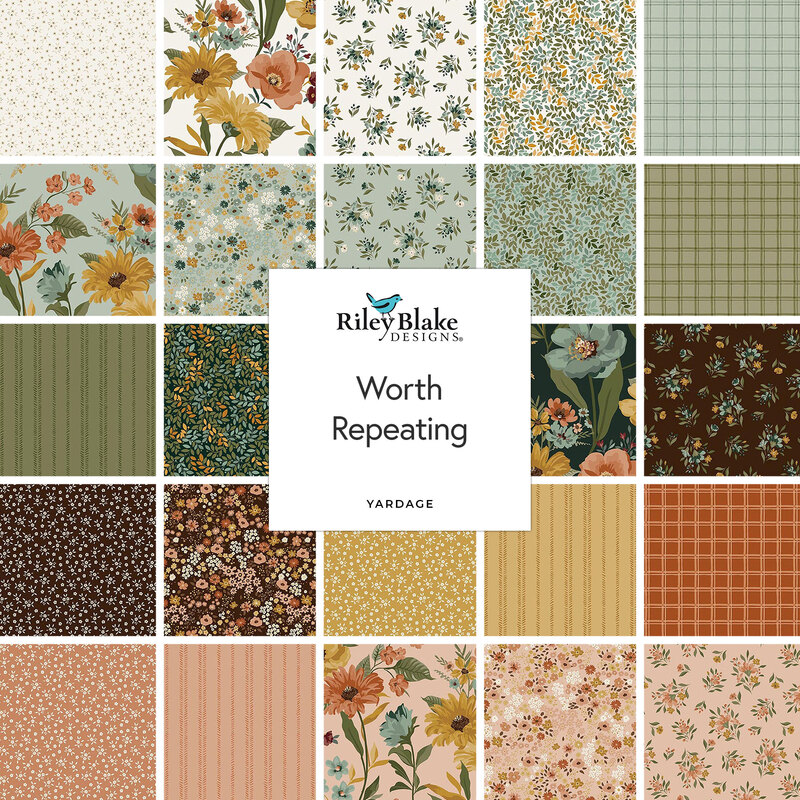 A collage of fabrics included in the Worth Repeating collection with white, teal, green, brown, and pink with floral themes.