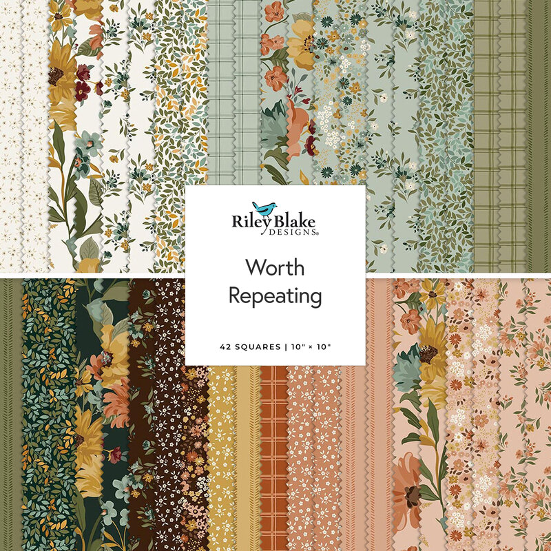 Two rows of patterned fabric swatches in white, teal, green, brown, and pink with floral themes.