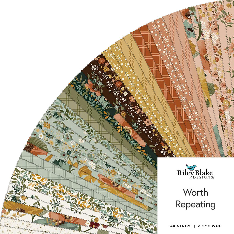 A collage of fabric strips in white, teal, brown, yellow, and pink with floral themes in a circular display.