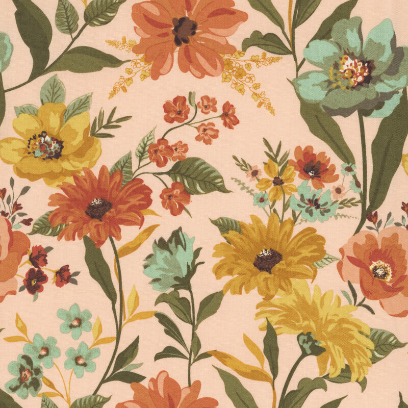 Rose pink fabric featuring large, vintage style flowers and leaves.