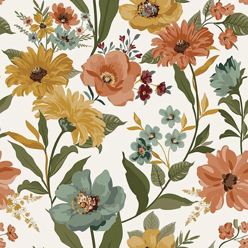 Cloud white fabric featuring large, vintage style flowers and leaves.