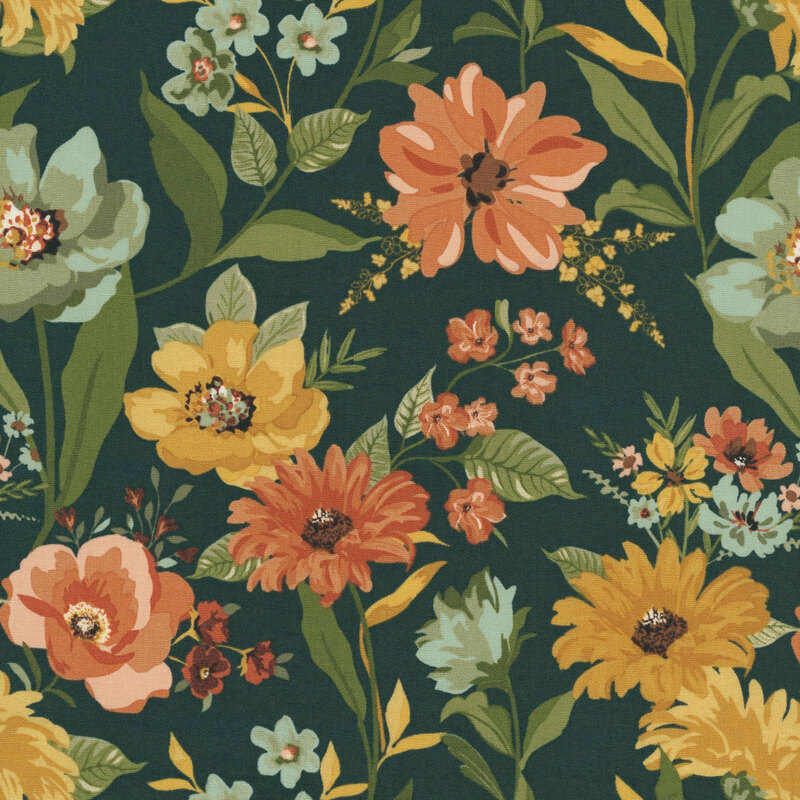 Hunter green fabric featuring large, vintage style flowers and leaves.