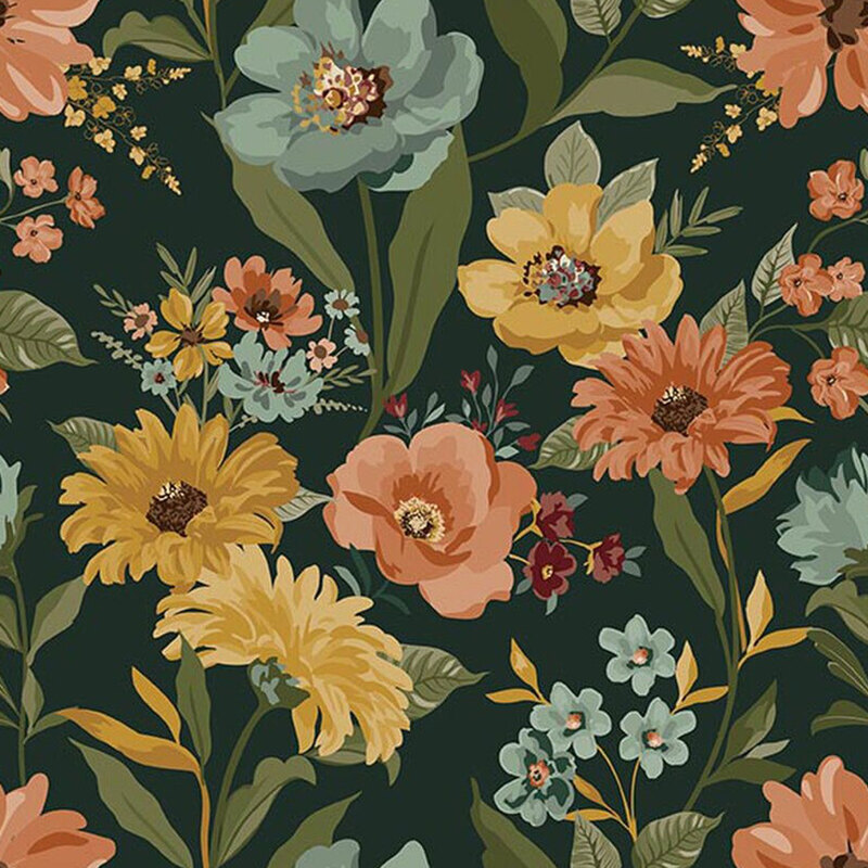 Hunter green fabric featuring large, vintage style flowers and leaves.