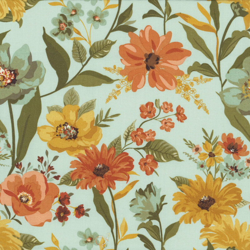 aqua mint fabric featuring large, vintage style flowers and leaves.