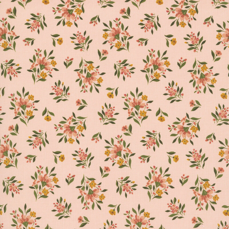 Rose pink fabric tossed with small bouquets of peach flowers.