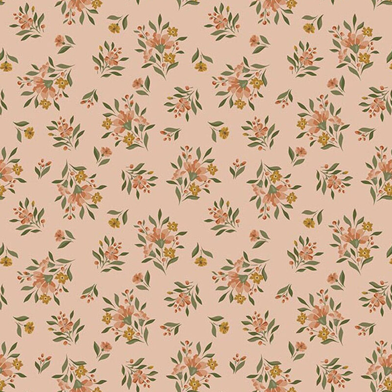 Rose pink fabric tossed with small bouquets of peach flowers.