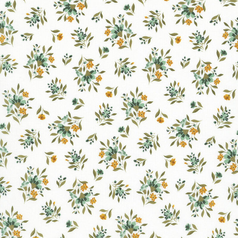Cloud white fabric tossed with small bouquets of teal and yellow flowers.