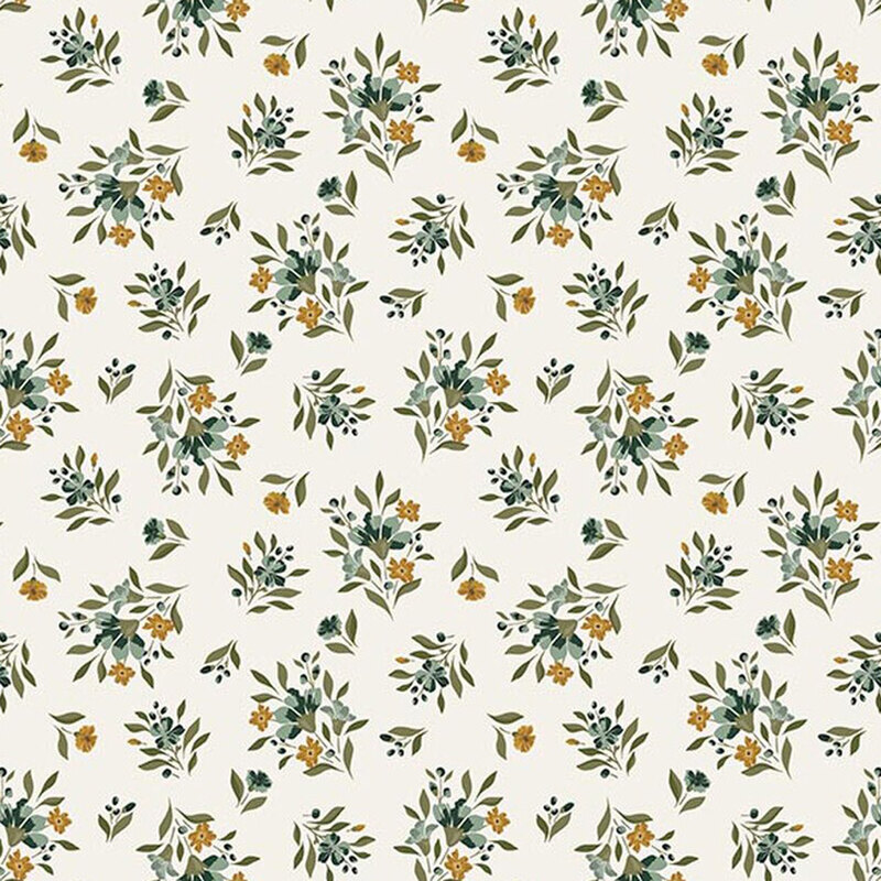 Cloud white fabric tossed with small bouquets of teal and yellow flowers.